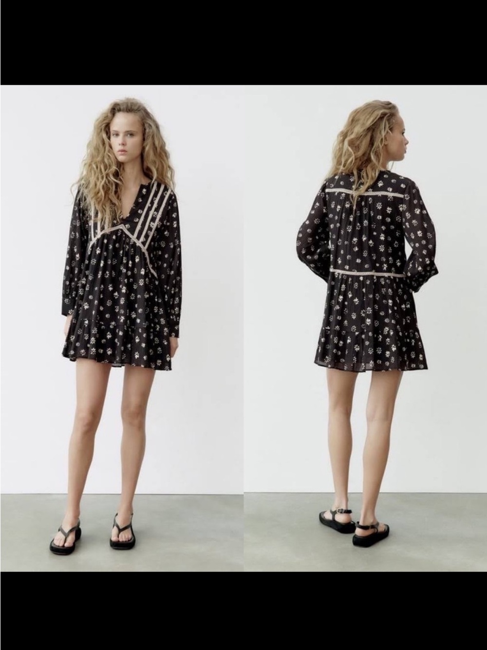 NWT ZARA Printed Mini Dress Black Ecru Size Large